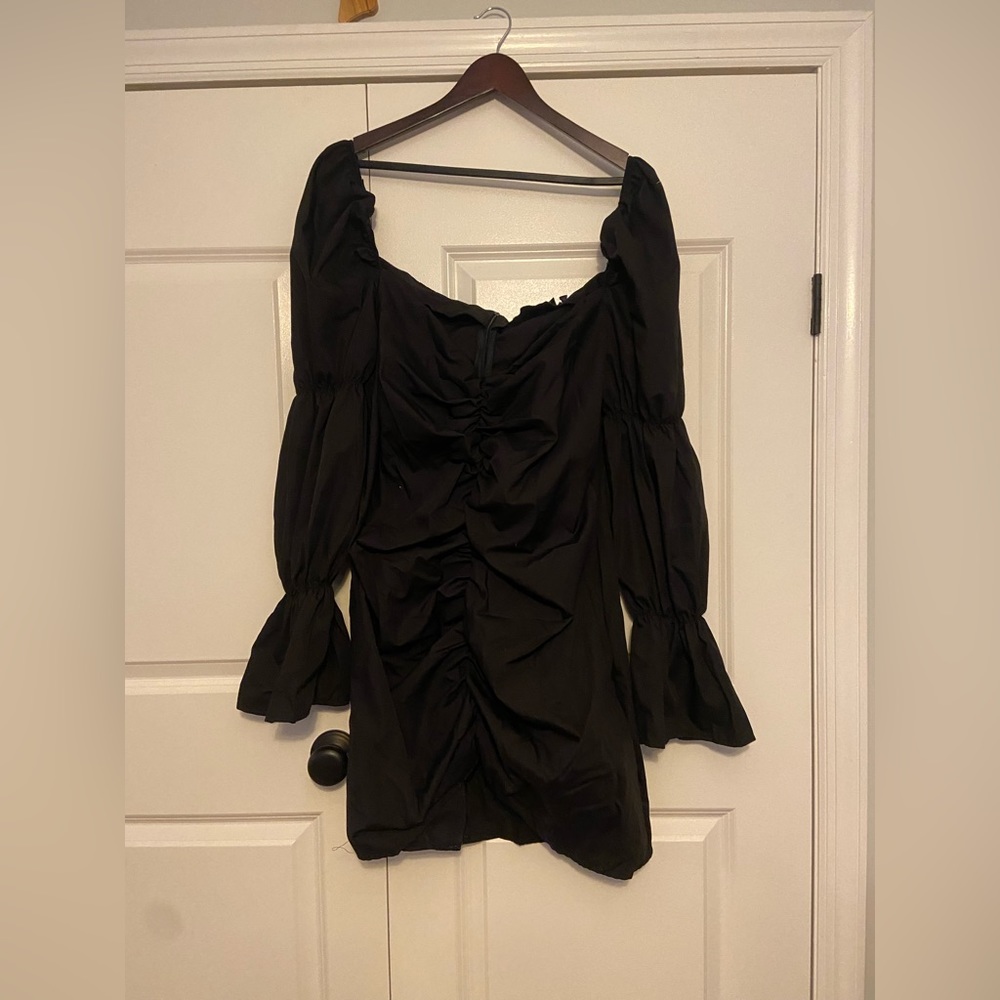 PLT Black Puff Sleeve Plus Ruched Front Bodycon Dress